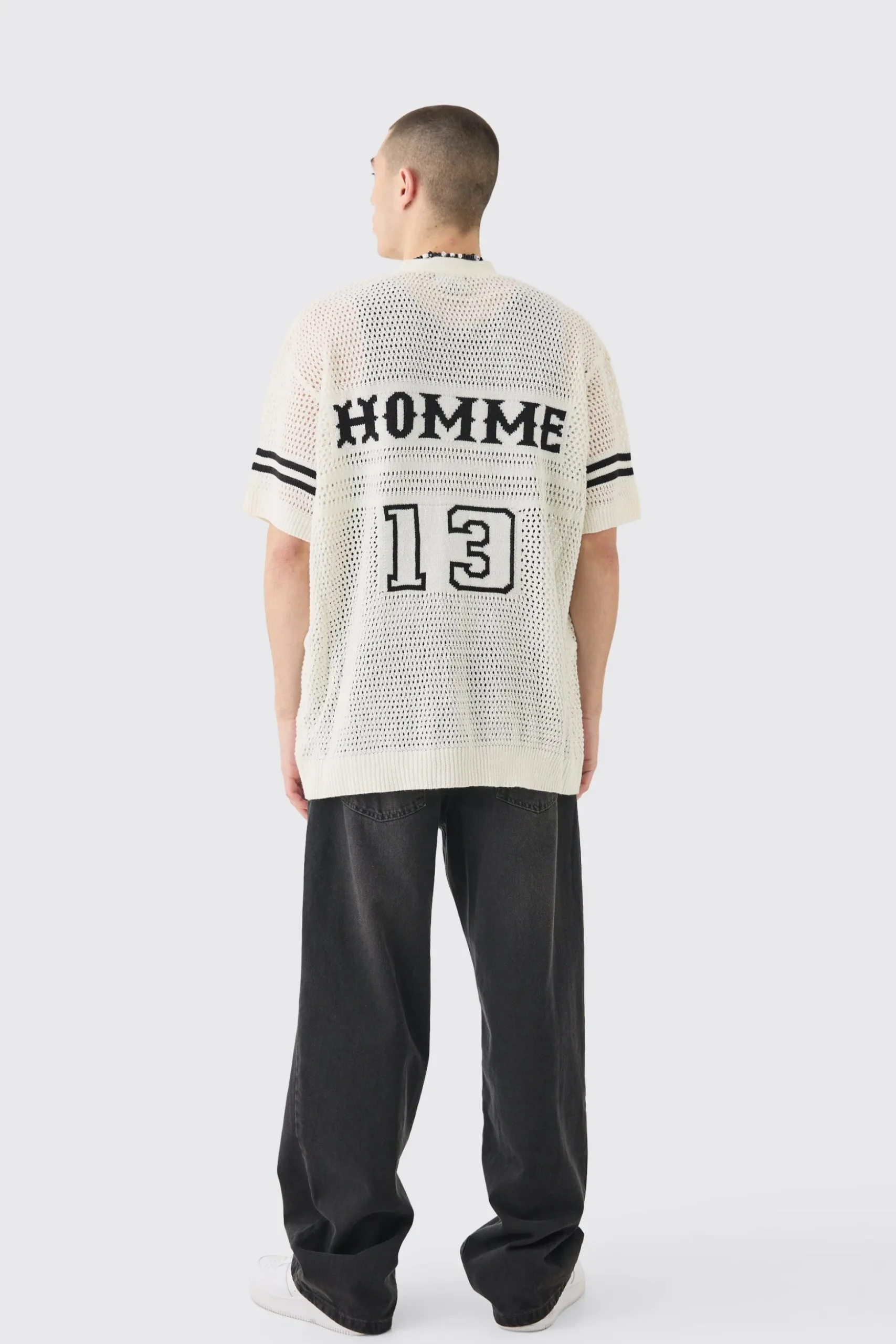 Oversized Open Stitch Varsity Shirt In White | BoohooMAN UK