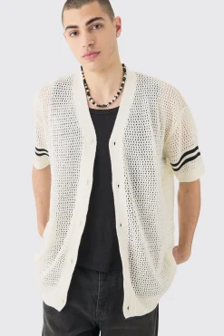Oversized Open Stitch Varsity Shirt In White | BoohooMAN UK