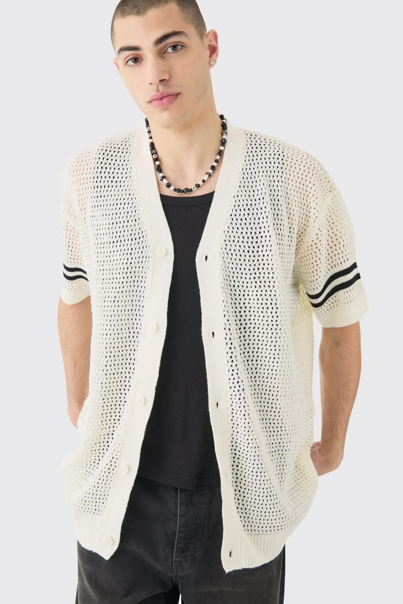 Oversized Open Stitch Varsity Shirt In White | BoohooMAN UK