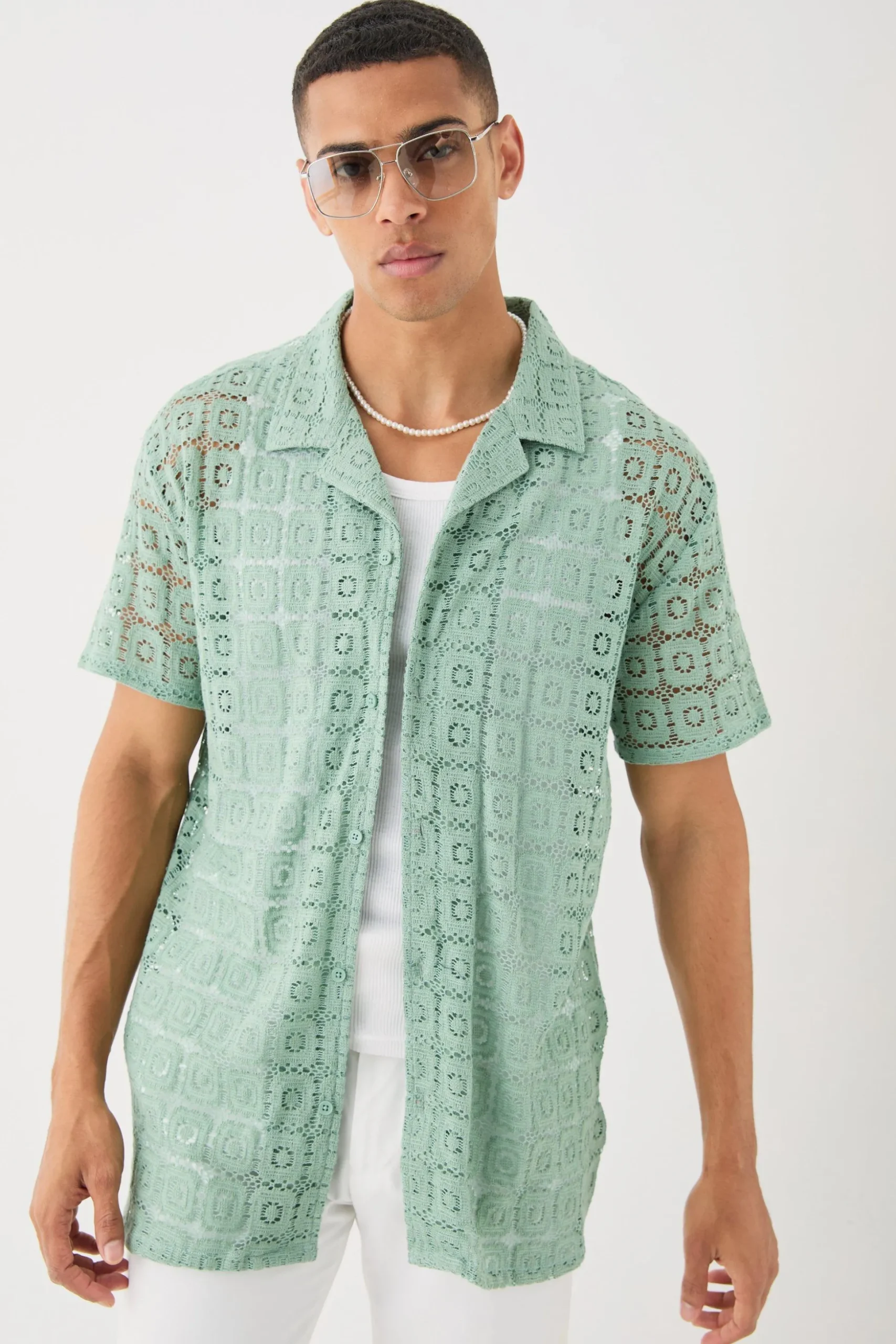 Oversized Open Weave Lace Shirt | BoohooMAN UK