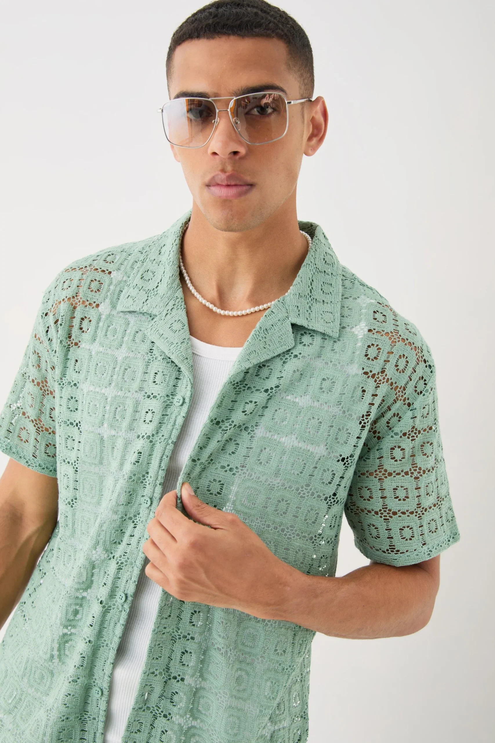 Oversized Open Weave Lace Shirt | BoohooMAN UK
