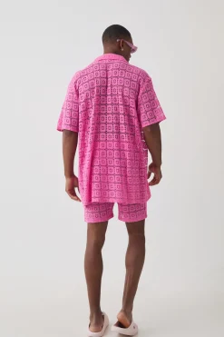 Oversized Open Weave Lace Shirt & Short Set | BoohooMAN UK