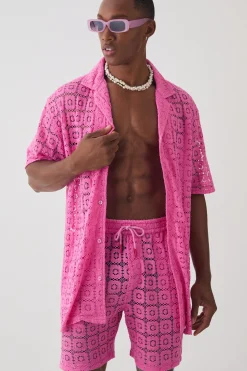 Oversized Open Weave Lace Shirt & Short Set | BoohooMAN UK