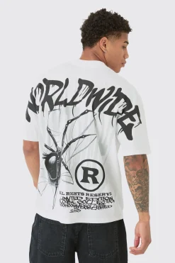 Oversized Over Seam Spider Back Print T-shirt | BoohooMAN UK