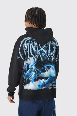 Oversized Over Seams Extended Neck Dragon Print Hoodie | BoohooMAN UK