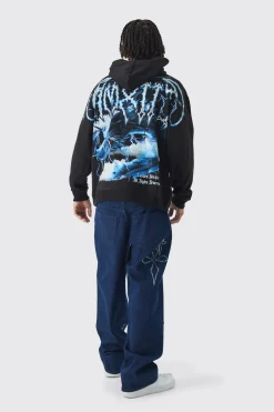 Oversized Over Seams Extended Neck Dragon Print Hoodie | BoohooMAN UK
