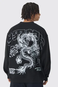 Oversized Over Seams Extended Neck Dragon Wash Print Sweatshirt | BoohooMAN UK