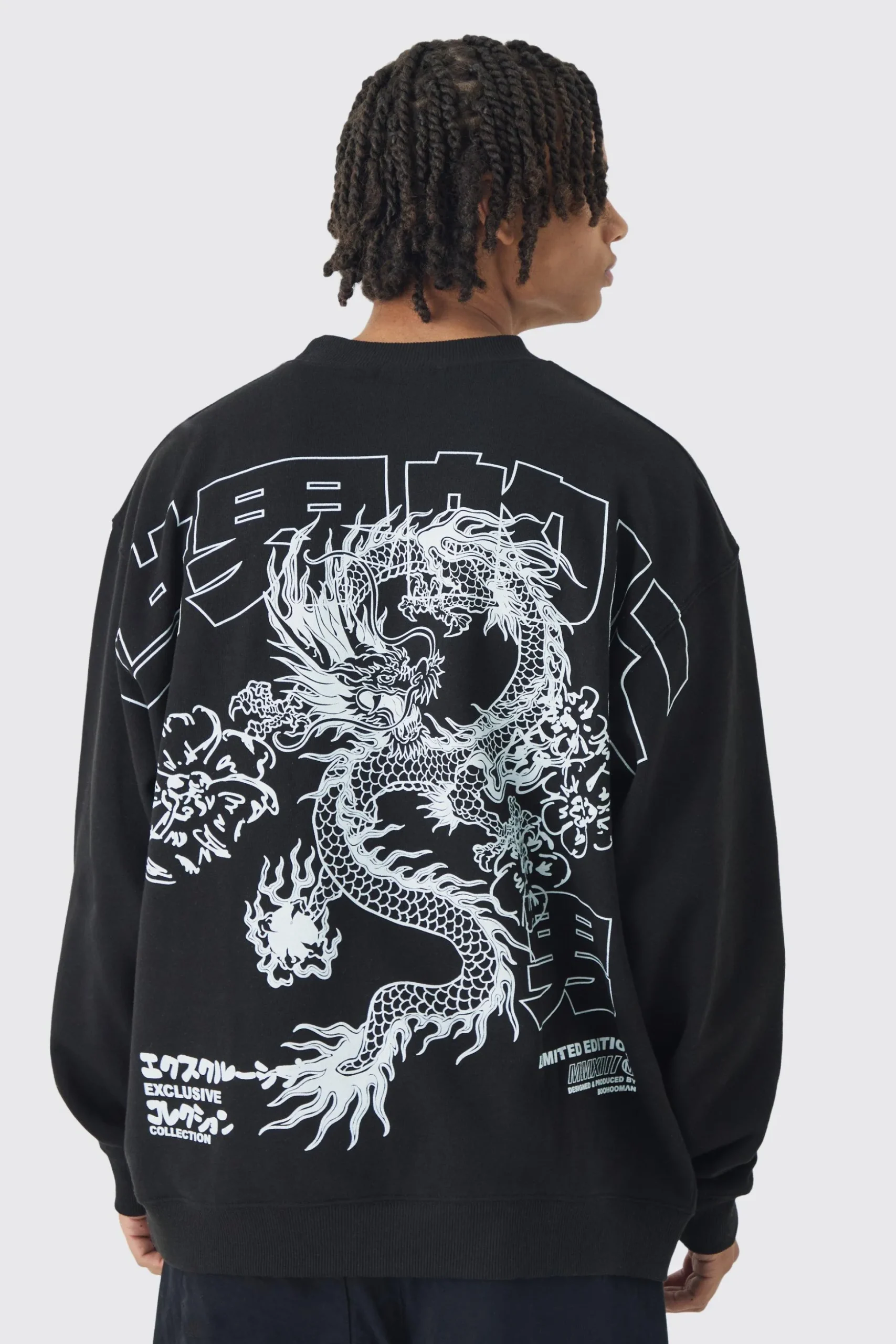 Oversized Over Seams Extended Neck Dragon Wash Print Sweatshirt | BoohooMAN UK