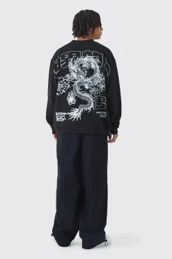 Oversized Over Seams Extended Neck Dragon Wash Print Sweatshirt | BoohooMAN UK