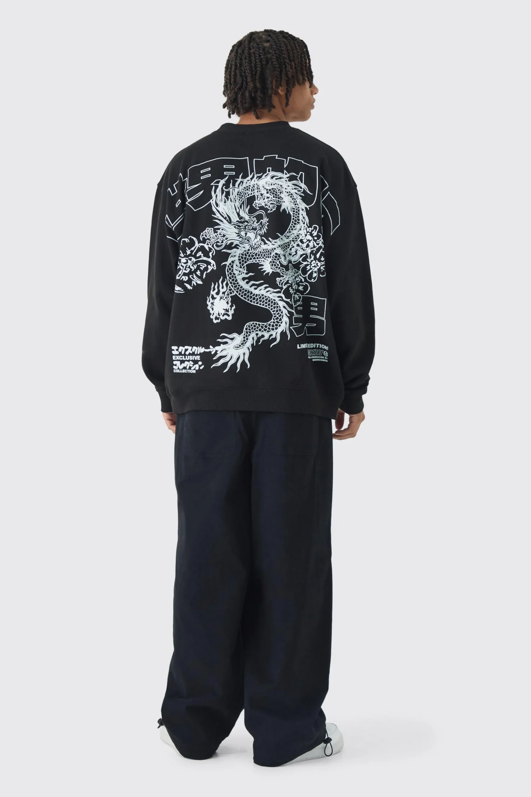 Oversized Over Seams Extended Neck Dragon Wash Print Sweatshirt | BoohooMAN UK