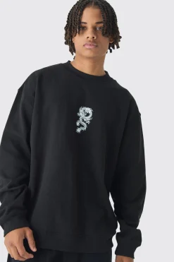 Oversized Over Seams Extended Neck Dragon Wash Print Sweatshirt | BoohooMAN UK