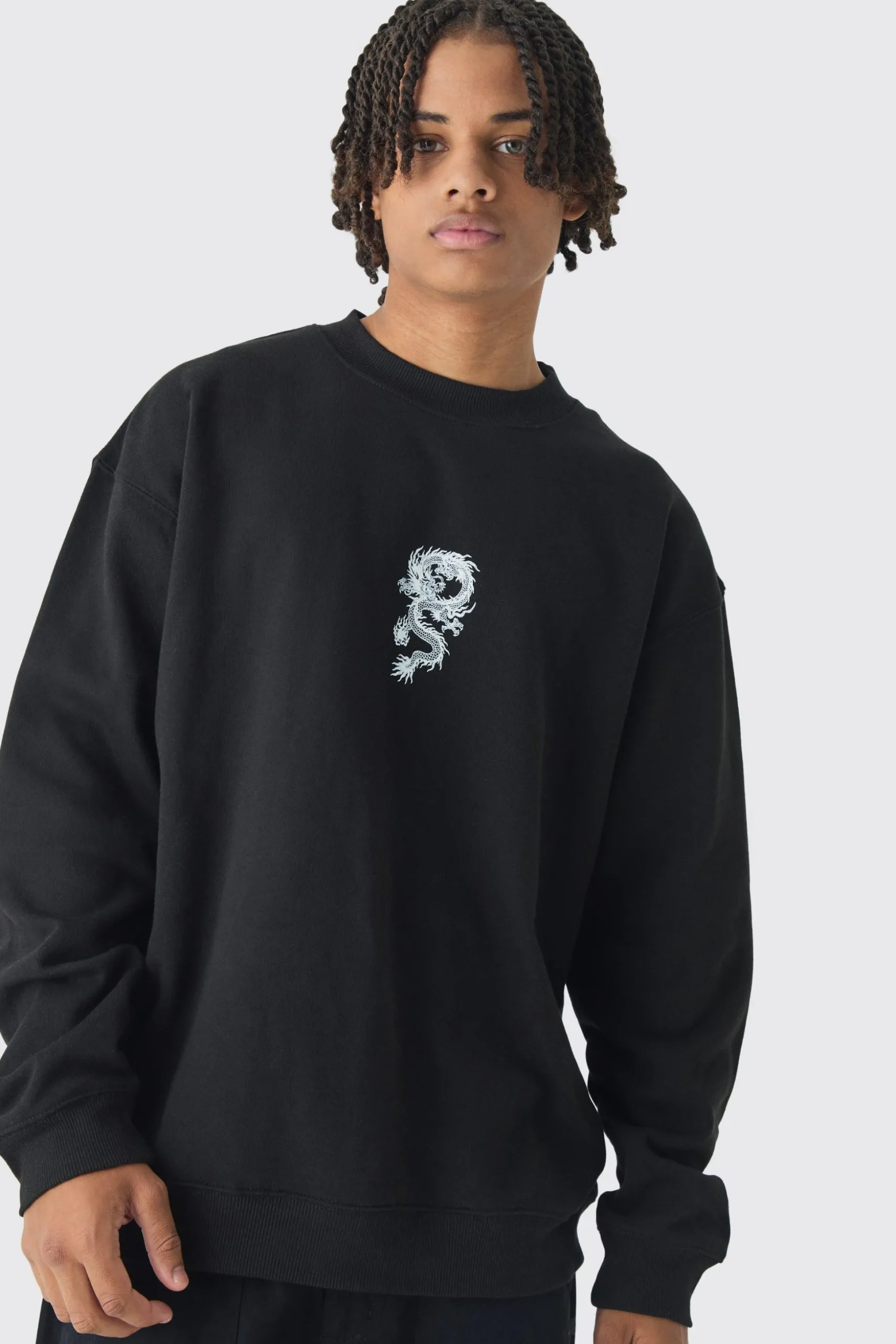 Oversized Over Seams Extended Neck Dragon Wash Print Sweatshirt | BoohooMAN UK