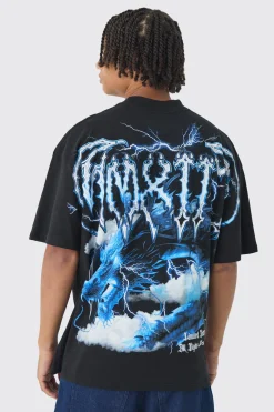 Oversized Over Seams Extended Neck Dragon Print T-Shirt | BoohooMAN UK