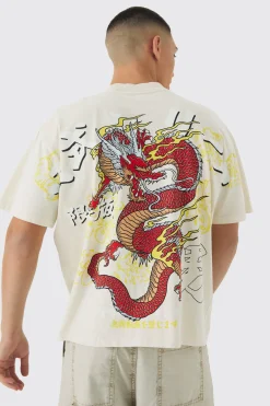 Oversized Over Seams Extended Neck Dragon Wash Print T-Shirt | BoohooMAN UK