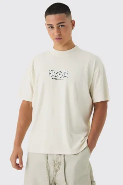 Oversized Over Seams Extended Neck Dragon Wash Print T-Shirt | BoohooMAN UK