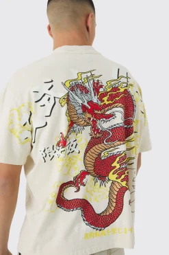 Oversized Over Seams Extended Neck Dragon Wash Print T-Shirt | BoohooMAN UK