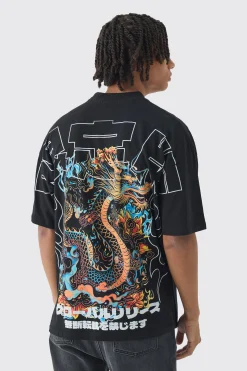 Oversized Over Seams Extended Neck Dragon Print T-Shirt | BoohooMAN UK