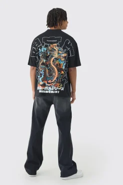 Oversized Over Seams Extended Neck Dragon Print T-Shirt | BoohooMAN UK