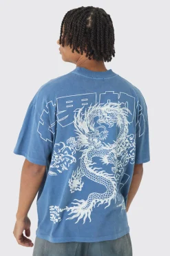 Oversized Over Seams Extended Neck Dragon Wash Print T-Shirt | BoohooMAN UK