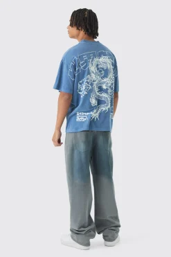 Oversized Over Seams Extended Neck Dragon Wash Print T-Shirt | BoohooMAN UK