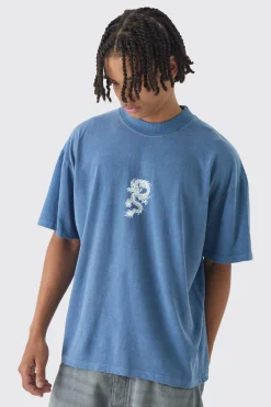 Oversized Over Seams Extended Neck Dragon Wash Print T-Shirt | BoohooMAN UK