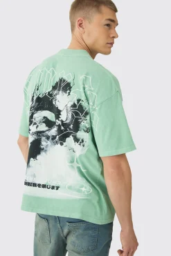 Oversized Over Seams Extended Neck Dragon Wash Print T-Shirt | BoohooMAN UK
