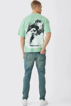 Oversized Over Seams Extended Neck Dragon Wash Print T-Shirt | BoohooMAN UK