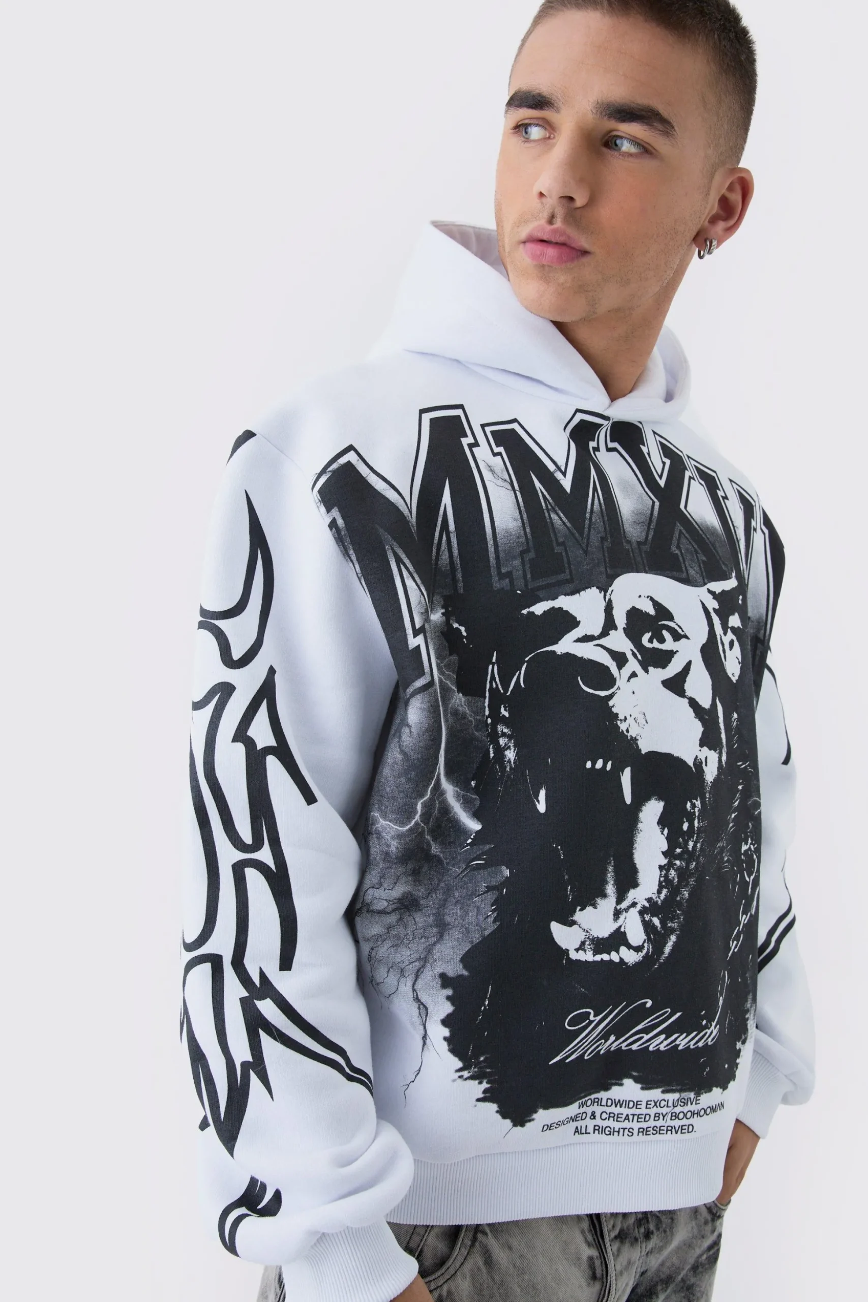 Oversized Over Seams Rottweiler Lightning Graphic Hoodie | BoohooMAN UK