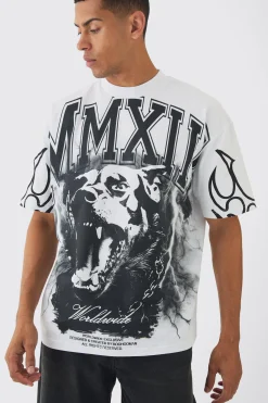 Oversized Over Seams Rottweiler Lightning Graphic T-Shirt | BoohooMAN UK