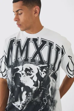 Oversized Over Seams Rottweiler Lightning Graphic T-Shirt | BoohooMAN UK