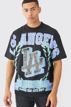 Oversized Over Seams Varsity LA Graphic T-shirt | BoohooMAN UK