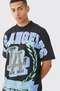 Oversized Over Seams Varsity LA Graphic T-shirt | BoohooMAN UK