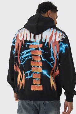 Oversized Over The Seams Lightning Back Graphic Hoodie | BoohooMAN UK