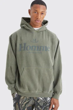 Oversized Overdye Homme Graphic Hoodie | BoohooMAN UK