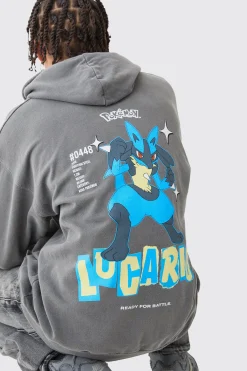 Oversized Overdye Pokemon Lucario License Hoodie | BoohooMAN UK