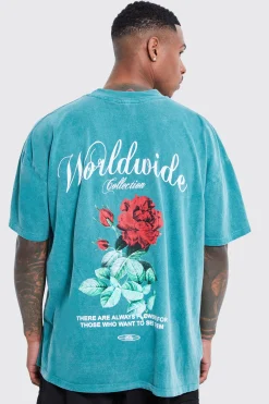 Oversized Overdye Worldwide Floral Graphic T-shirt | BoohooMAN UK