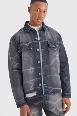 Oversized Overdyed Crinkled Denim Shirt | BoohooMAN UK
