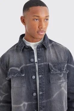 Oversized Overdyed Crinkled Denim Shirt | BoohooMAN UK