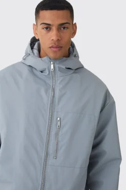 Oversized Padded Tech Longline Mac In Grey | BoohooMAN UK