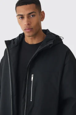 Oversized Padded Tech Longline Mac In Black | BoohooMAN UK