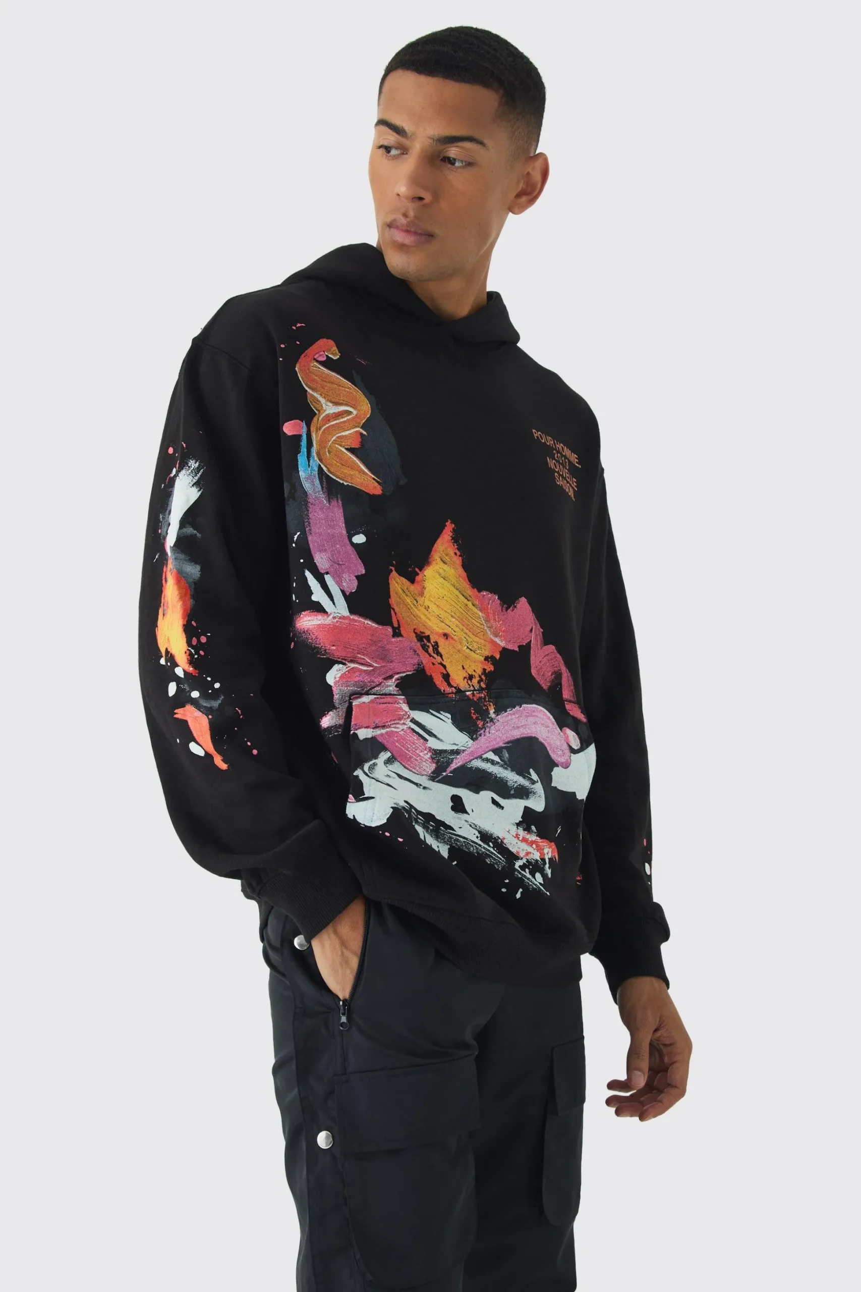 Oversized Paint Splatter Homme Hoodie | BoohooMAN UK