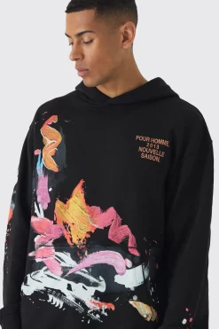 Oversized Paint Splatter Homme Hoodie | BoohooMAN UK