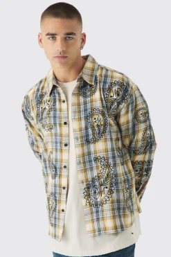 Oversized Paisley Embroidered Check Long Sleeve Shirt | BoohooMAN UK