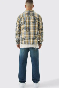 Oversized Paisley Embroidered Check Long Sleeve Shirt | BoohooMAN UK