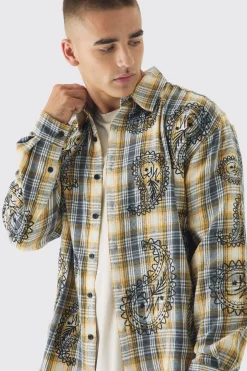 Oversized Paisley Embroidered Check Long Sleeve Shirt | BoohooMAN UK
