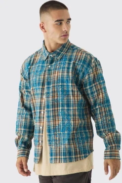 Oversized Paisley Embroidered Check Long Sleeve Shirt | BoohooMAN UK
