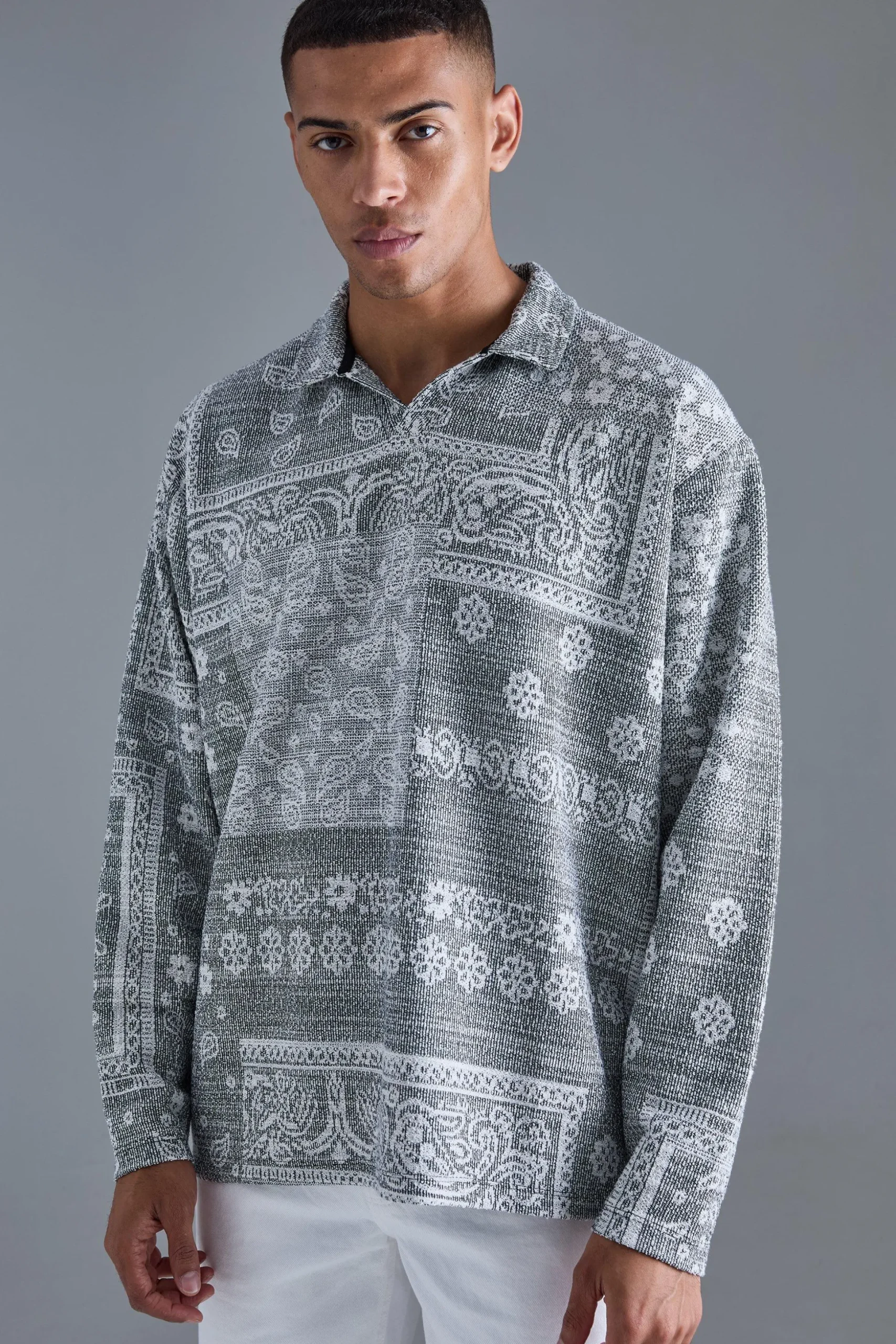 Oversized Paisley Jacquard Rugby Sweatshirt | BoohooMAN UK