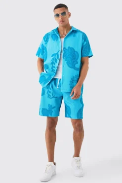 Oversized Paisley Tonal Printed Pleated Shirt & Short Set | BoohooMAN UK