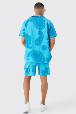 Oversized Paisley Tonal Printed Pleated Shirt & Short Set | BoohooMAN UK
