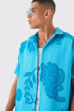 Oversized Paisley Tonal Printed Pleated Shirt & Short Set | BoohooMAN UK